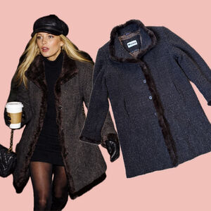 Vintage Nygård wool blend jacket rabbit fur trim brown coat